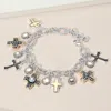 Fashnzfab Antique Metal Cross Stone Cluster Charm Station Bracelet Ab, Two Tone In Metallic