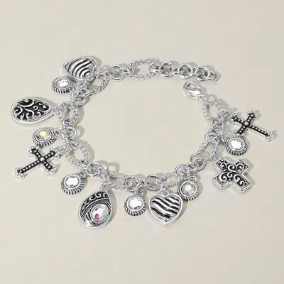 Fashnzfab Antique Metal Cross Teardrop Heart Stone Charm Station Bracelet In Metallic