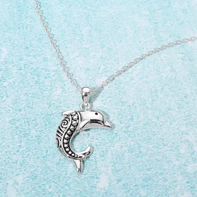 Fashnzfab Antique Metal Dolphin Pendant Necklace 18" + 3.5" L In Metallic