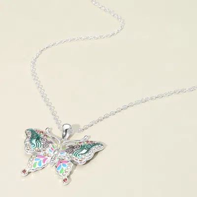 Fashnzfab Antique Metal Enamel Butterfly Pendant Necklace In Metallic