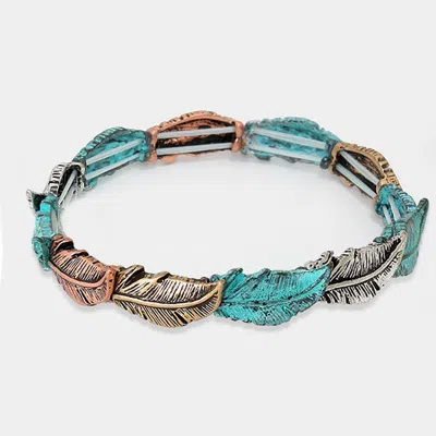 Fashnzfab Antique Metal Feather Stretch Bracelet In Multi