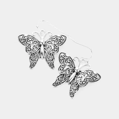 Fashnzfab Antique Metal Filigree Butterfly Dangle Earrings - Antique Silver In Multi