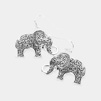 Fashnzfab Antique Metal Filigree Elephant Dangle Earrings - Antique Silver