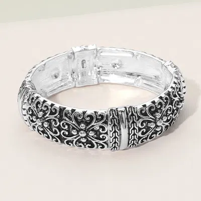 Fashnzfab Antique Metal Floral Ornate Stretch Bracelet Antique Silver In Multi