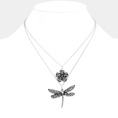 Fashnzfab Antique Metal Flower Dragonfly Pendant Layered Necklace In Black