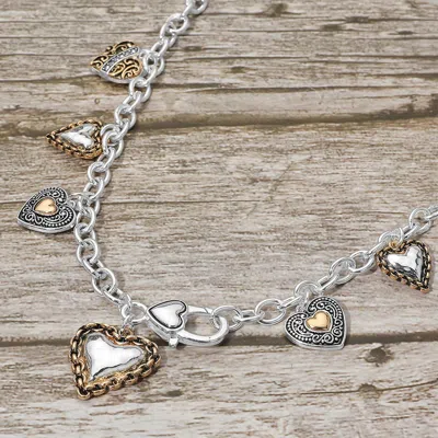 Fashnzfab Antique Metal Heart Charm Station Necklace In Metallic