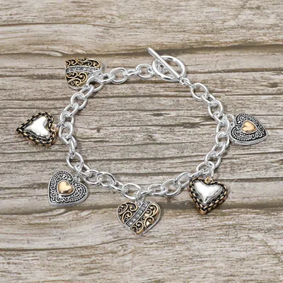 Fashnzfab Antique Metal Heart Charm Station Toggle Bracelet In Silver