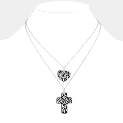 Fashnzfab Antique Metal Heart Cross Pendant Layered Necklace In Metallic