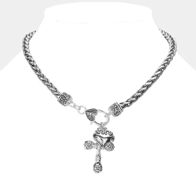 Fashnzfab Antique Metal Heart Cross Pendant Necklace In Metallic