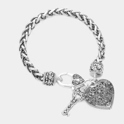 Fashnzfab Antique Metal Heart Key Lock Charm Bracelet Antique Silver In Metallic