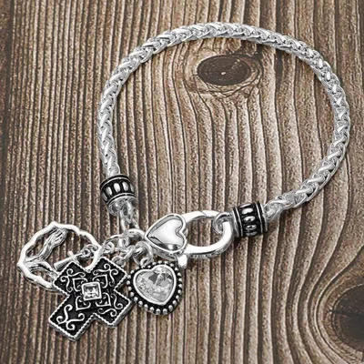 Fashnzfab Antique Metal Heart Stone Cross Praying Hand Charm Bracelet In Silver