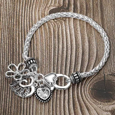 Fashnzfab Antique Metal Heart Stone Flower Charm Bracelet In Metallic