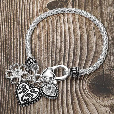 Fashnzfab Antique Metal Heart Stone Mom Flower Charm Bracelet In Neutral