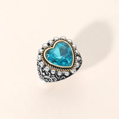Fashnzfab Antique Metal Heart Stone Stretch Ring In Blue