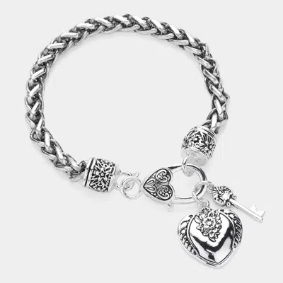 Fashnzfab Antique Metal Key Heart Charm Bracelet Antique Silver In Multi