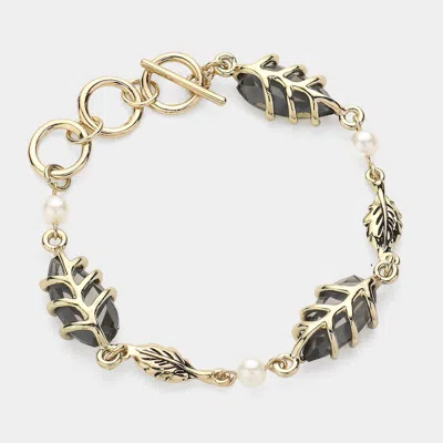 Fashnzfab Antique Metal Leaf Pearl Toggle Bracelet Antique Gold, Black In Multi