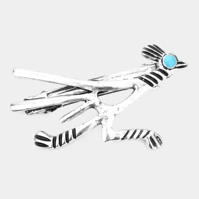 Fashnzfab Antique Metal Natural Stone Accented Bird Shape Barrette In Silver