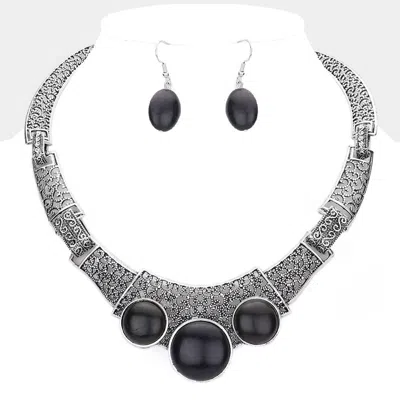Fashnzfab Antique Metal Natural Stone Accented Filigree Collar Necklace In Black