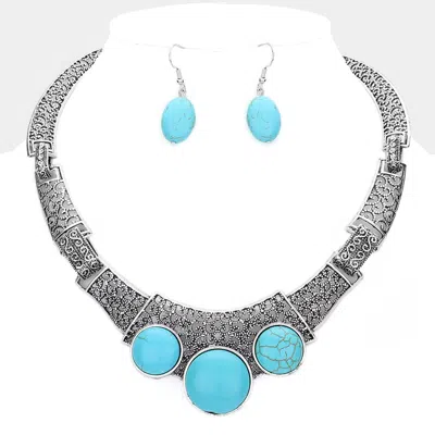 Fashnzfab Antique Metal Natural Stone Accented Filigree Collar Necklace In Gray