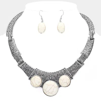 Fashnzfab Antique Metal Natural Stone Accented Filigree Collar Necklace In Metallic