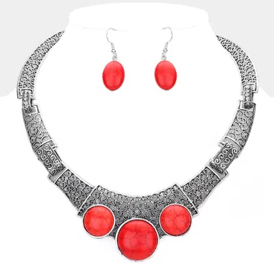 Fashnzfab Antique Metal Natural Stone Accented Filigree Collar Necklace In Red