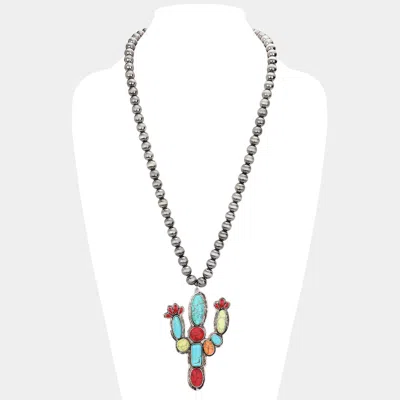 Fashnzfab Antique Metal Natural Stone Cactus Pendant Necklace In Metallic