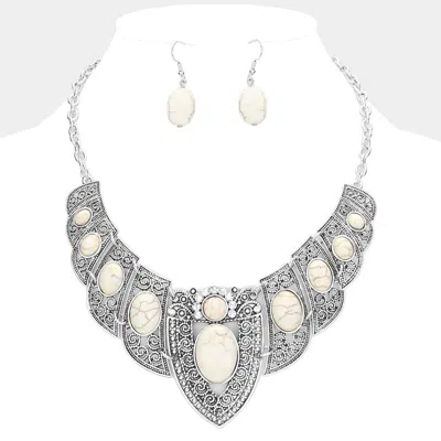 Fashnzfab Antique Metal Natural Stone Embellished Necklace In Silver