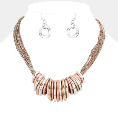 Fashnzfab Antique Metal O-ring Stacked Necklace - Matte Gold, Three Tone In Multi