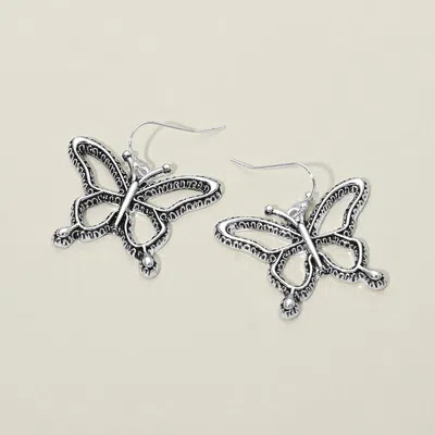 Fashnzfab Antique Metal Open Butterfly Drop Earrings Antique Silver