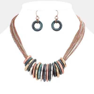 Fashnzfab Antique Metal O-ring Stacked Necklace - Patina Verdigris In Black