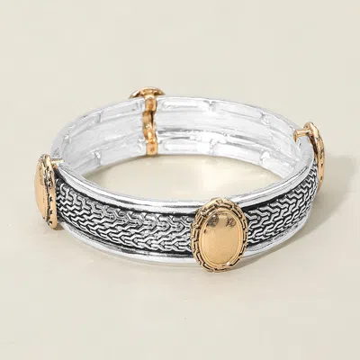 Fashnzfab Antique Metal Oval Accent Stretch Bracelet - Two Tone In Multi