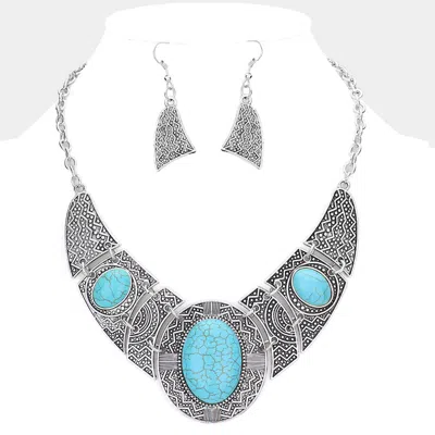 Fashnzfab Antique Metal Oval Natural Stone Accented Necklace In Metallic