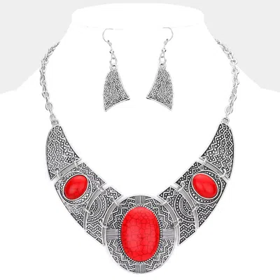 Fashnzfab Antique Metal Oval Natural Stone Accented Necklace In Metallic