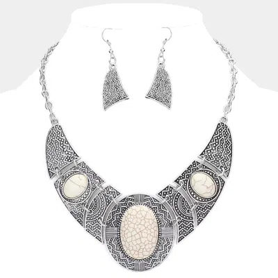 Fashnzfab Antique Metal Oval Natural Stone Accented Necklace In Multi
