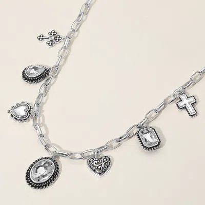 Fashnzfab Antique Metal Oval Teardrop Rectangle Stone Cluster Metal Heart Cross Charm Station Necklace In Silver