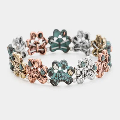 Fashnzfab Antique Metal Paw Fur Mama Stretch Bracelet Gold Burnished, Patina Verdigris, Rose Gold Burnished In Silver