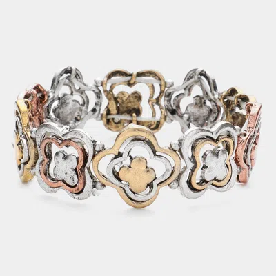 Fashnzfab Antique Metal Quatrefoil Stretch Bracelet Three Tone In Multi