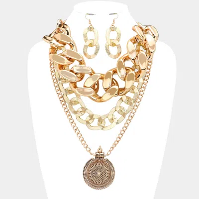 Fashnzfab Antique Metal Round Accented Chain Link Statement Necklace In Gold