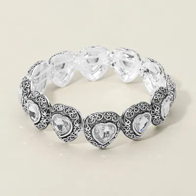 Fashnzfab Antique Metal Scrollwork Frame Heart Tile Beaded Stretch Bracelet - Antique Silver, Clear In Multi