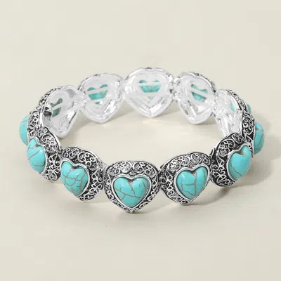 Fashnzfab Antique Metal Scrollwork Frame Heart Tile Beaded Stretch Bracelet - Antique Silver, Turquoise In Multi
