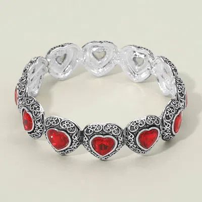 Fashnzfab Antique Metal Scrollwork Frame Heart Tile Beaded Stretch Bracelet In Silver
