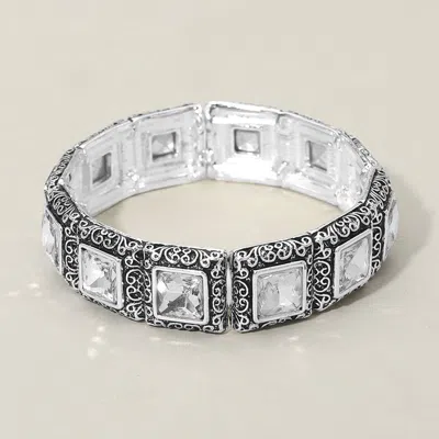 Fashnzfab Antique Metal Scrollwork Frame Square Tile Beaded Stretch Bracelet - Antique Silver, Clear