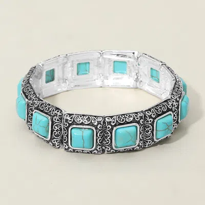 Fashnzfab Antique Metal Scrollwork Frame Square Tile Beaded Stretch Bracelet - Antique Silver, Turquoise In Blue