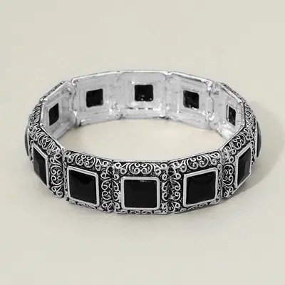 Fashnzfab Antique Metal Scrollwork Frame Square Tile Beaded Stretch Bracelet In Black