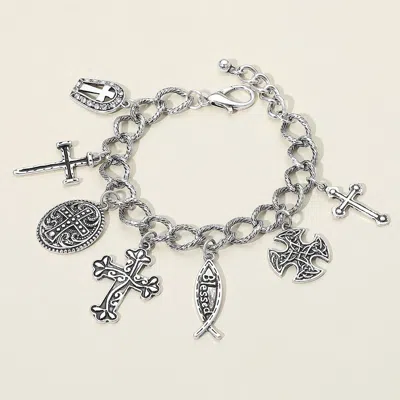 Fashnzfab Antique Metal Stone Paved Cross Charm Station Bracelet Religious, Cross In Silver