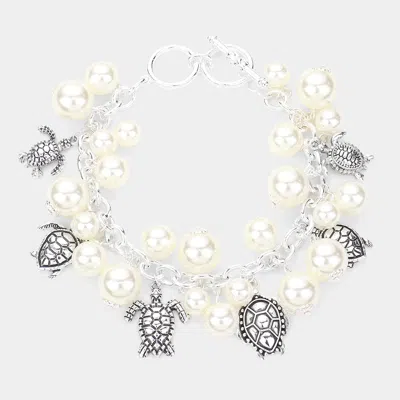 Fashnzfab Antique Metal Turtle Charm Station Pearl Toggle Bracelet Antique Silver, Cream In Multi