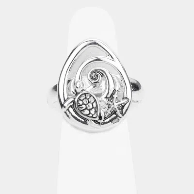 Fashnzfab Antique Metal Turtle Starfish Stretch Ring - Antique Silver In Metallic