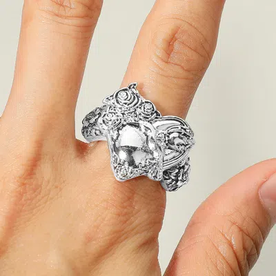 Fashnzfab Antique Metal Vintage Floral Heart Stretch Ring - Antique Silver In Metallic