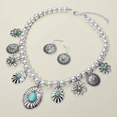 Fashnzfab Antique Metal Western Floral Concho Charm Station Beaded Statement Necklace In Metallic