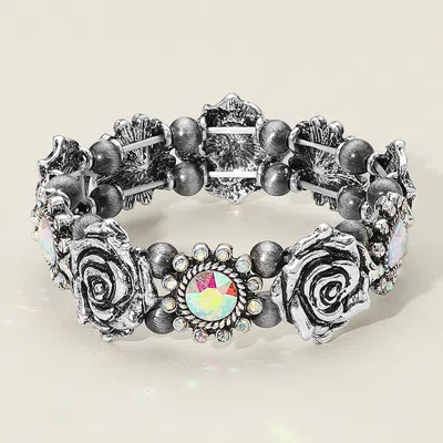 Fashnzfab Antique Metal Western Flower Stone Pointed Stretch Bracelet Ab, Silver Burnished In Metallic